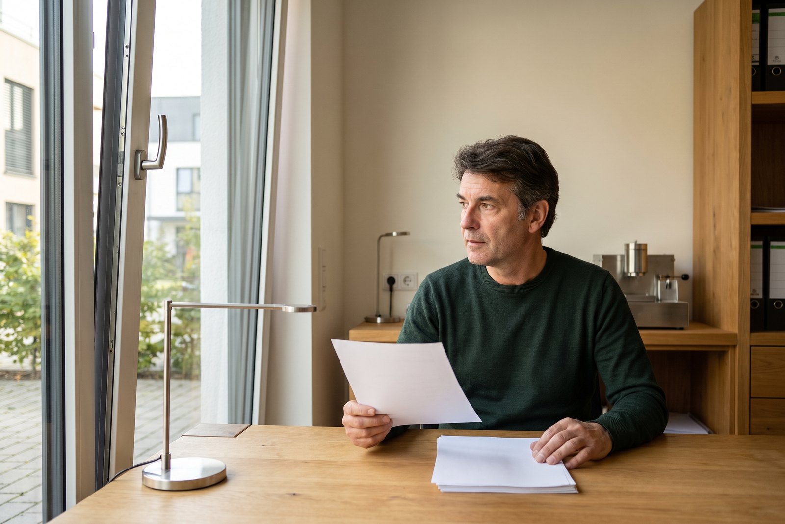 Ein Inhaber Ende fünfzig sortiert Rechnungen an seinem Schreibtisch