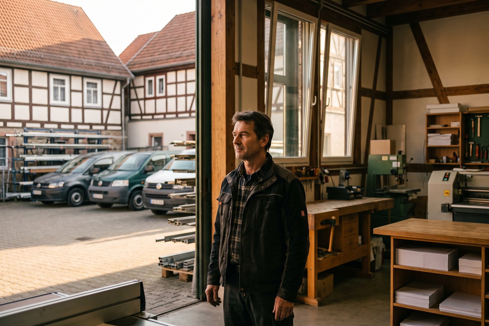 Ein Inhaber steht im geöffneten Werkstatttor und blickt auf den Hof