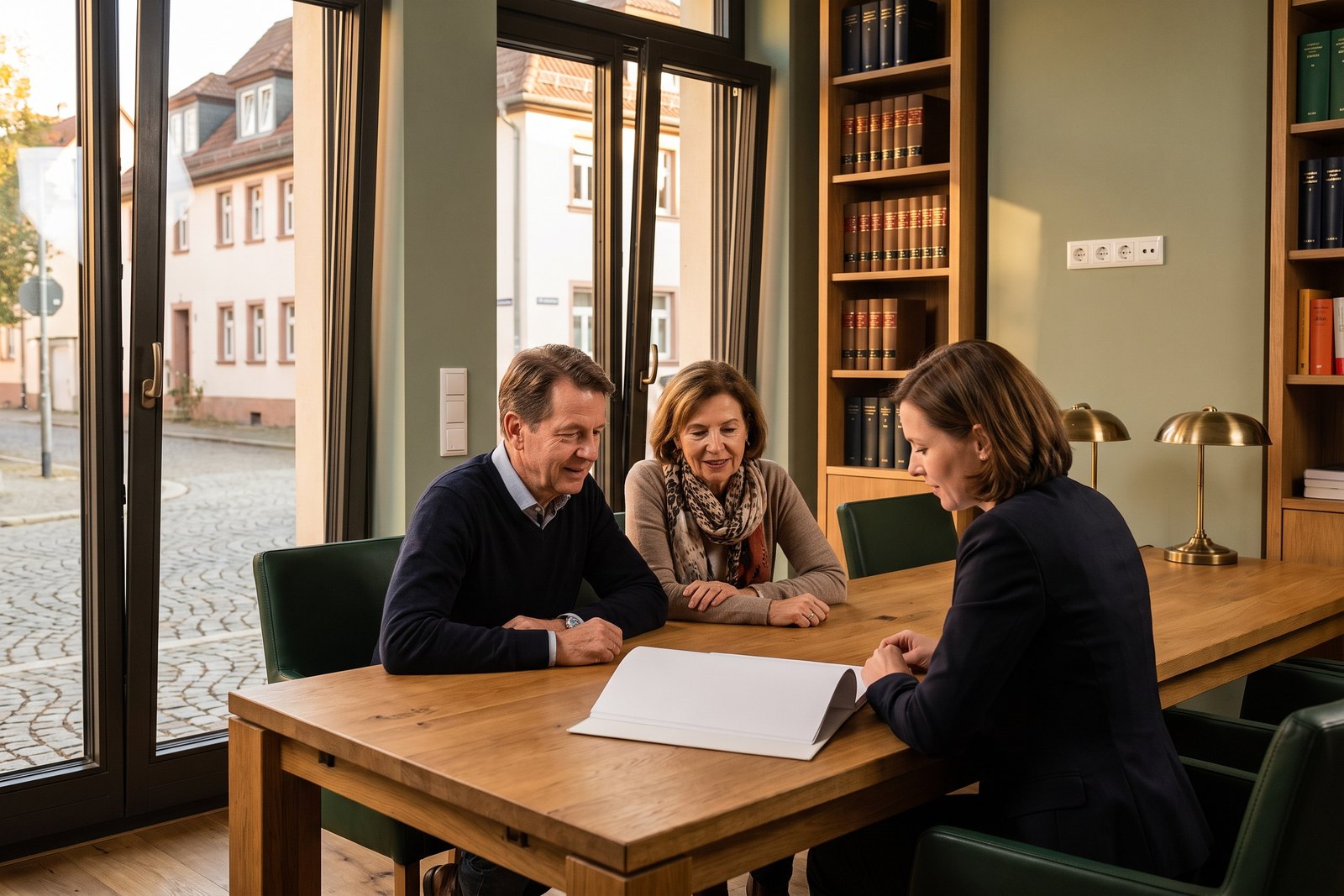 Ein Paar Ende fünfzig und eine Notarin an einem Besprechungstisch mit einer Urkunde