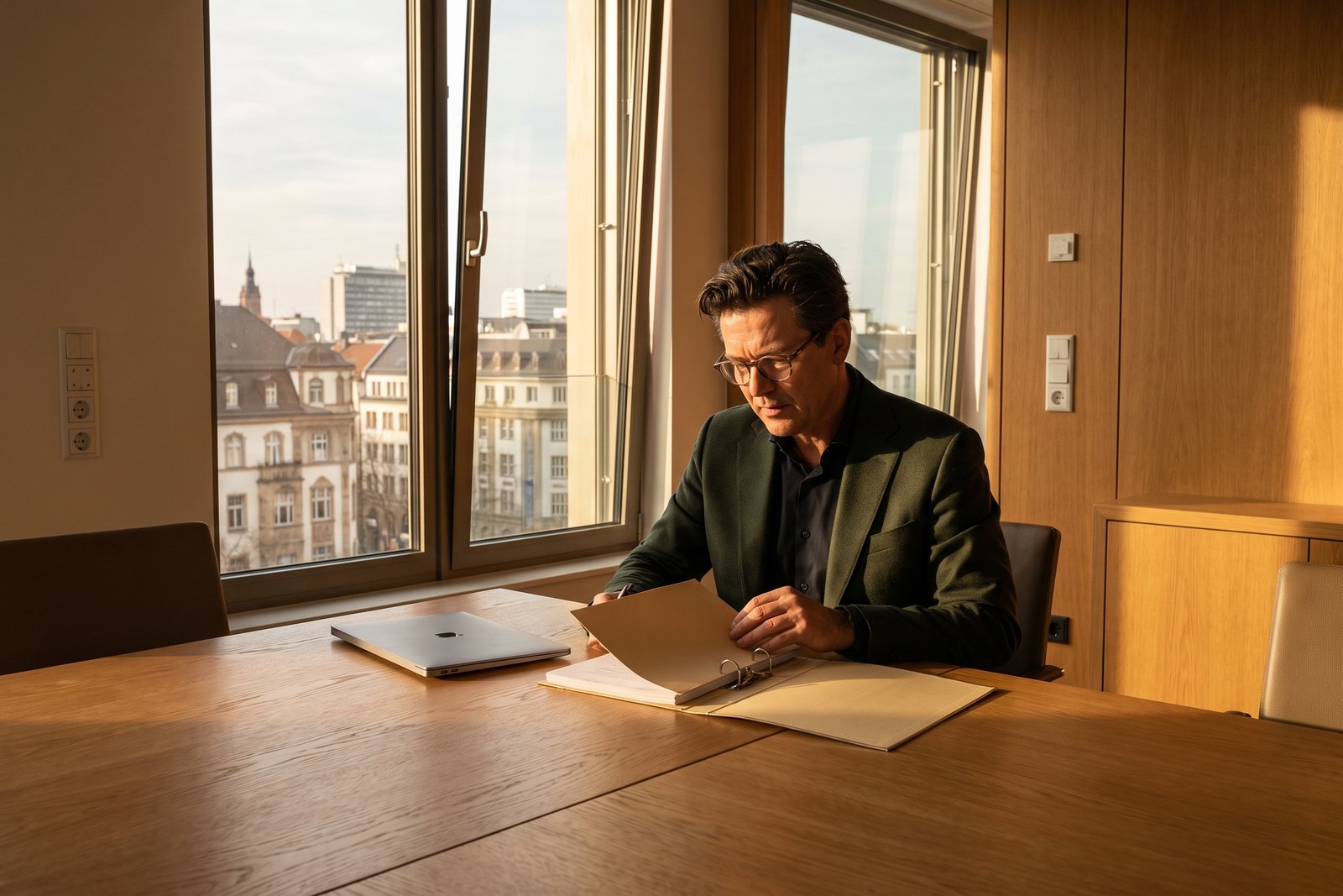 Ein Investmentmanager Mitte vierzig allein an einem großen Besprechungstisch