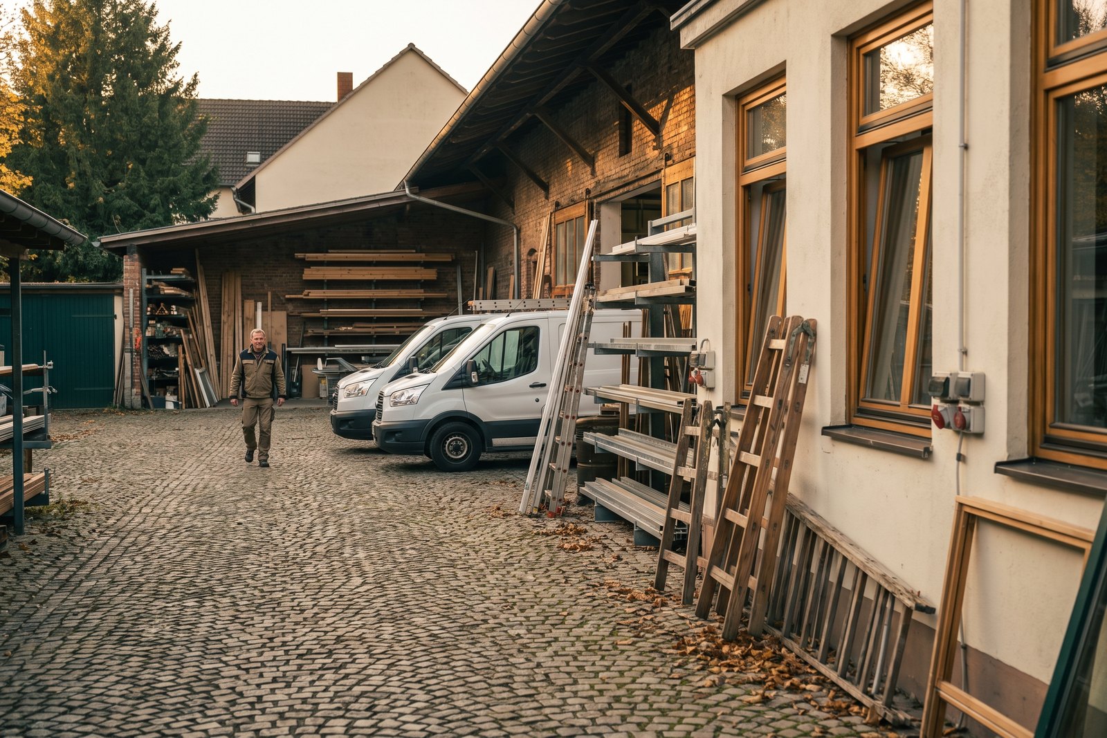 Der Hof eines Handwerksbetriebs am Morgen mit drei weißen Transportern