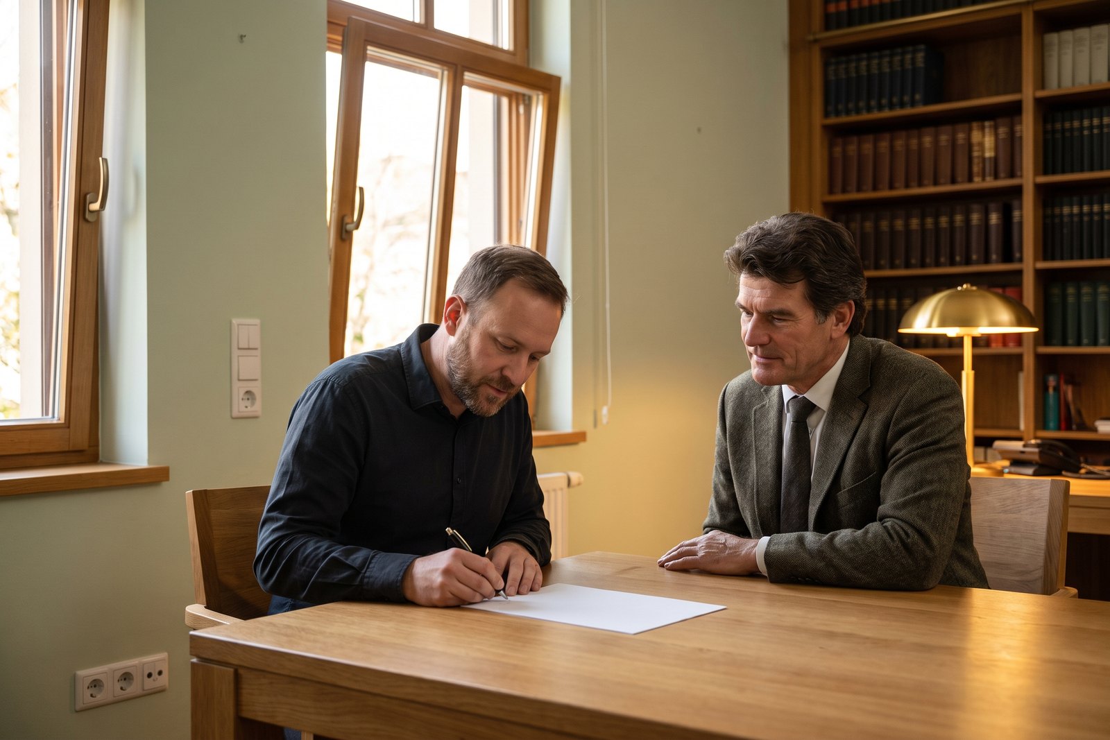 Zwei Männer an einem Bürotisch, der jüngere unterschreibt, der ältere sieht zu
