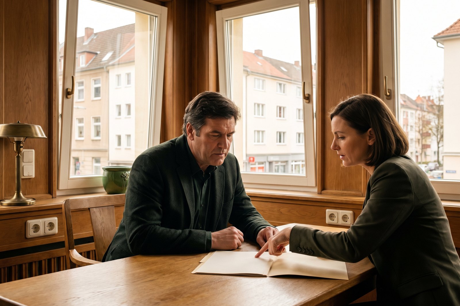 Ein Inhaber Ende fünfzig und eine Bankberaterin über einer aufgeschlagenen Mappe