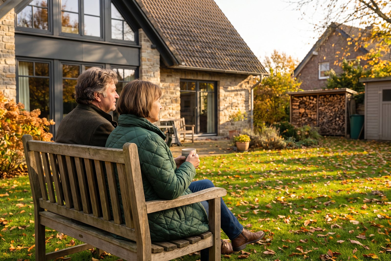 Ein Paar um sechzig sitzt im Herbst auf einer Bank im eigenen Garten