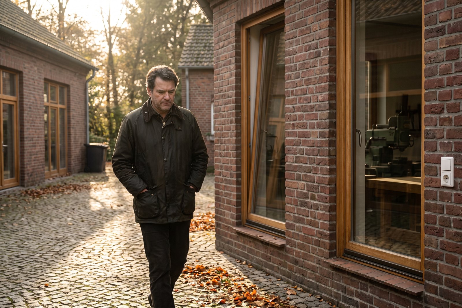 Ein Mann Ende fünfzig geht im Herbstlicht allein über einen gepflasterten Betriebshof