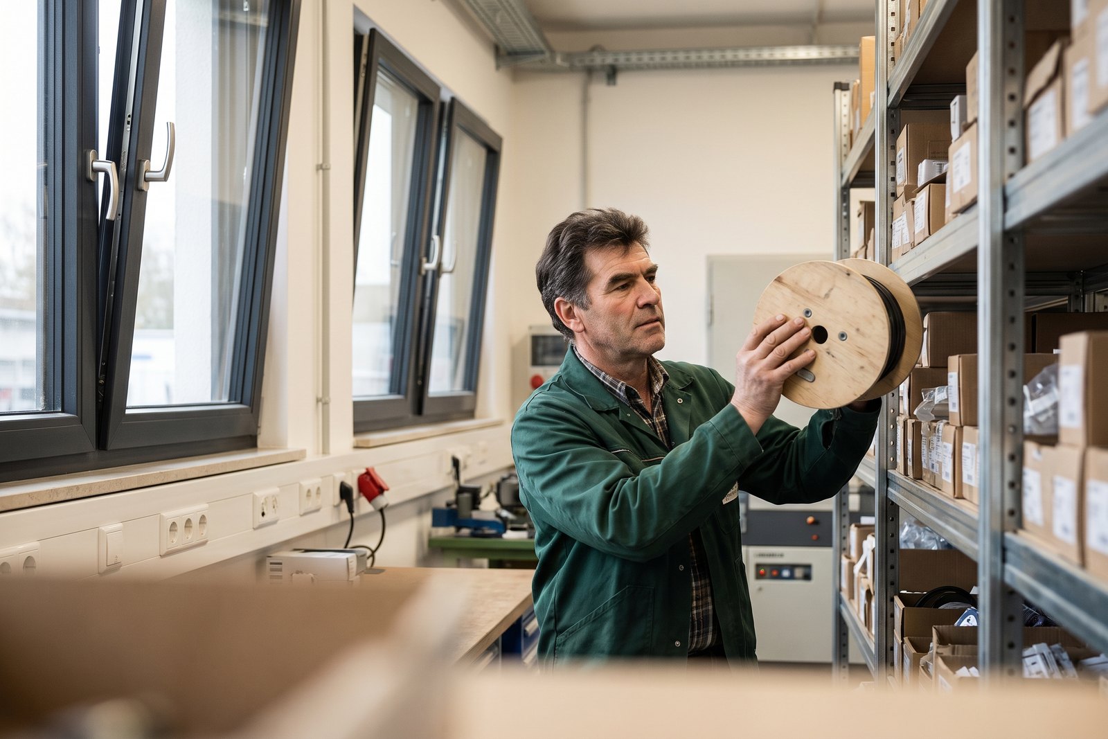 Ein Elektromeister Ende fünfzig im Lager seines Betriebs zwischen Materialregalen