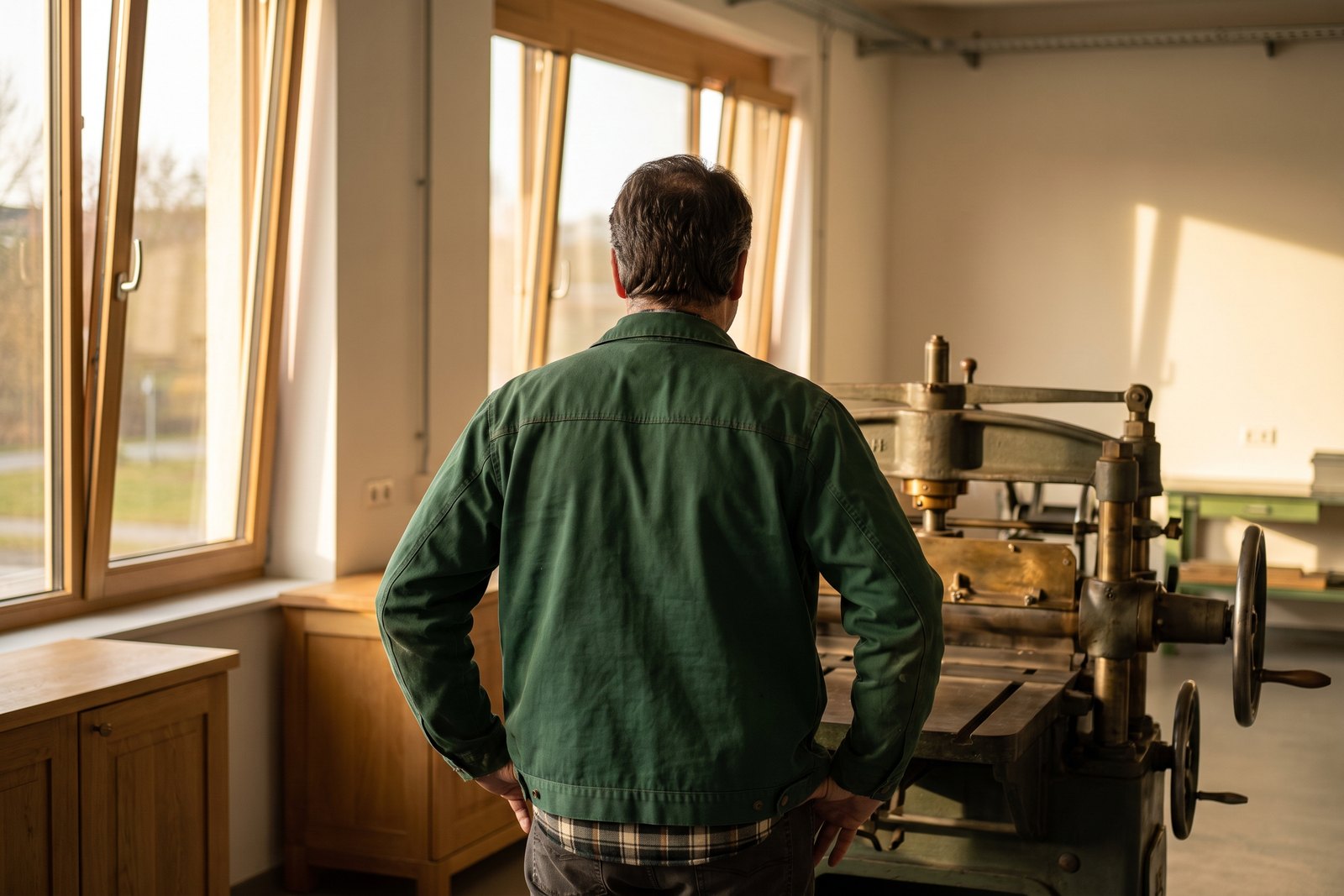 Eine alte Produktionsmaschine in einer halbleeren Halle, ein Inhaber steht abgewandt davor