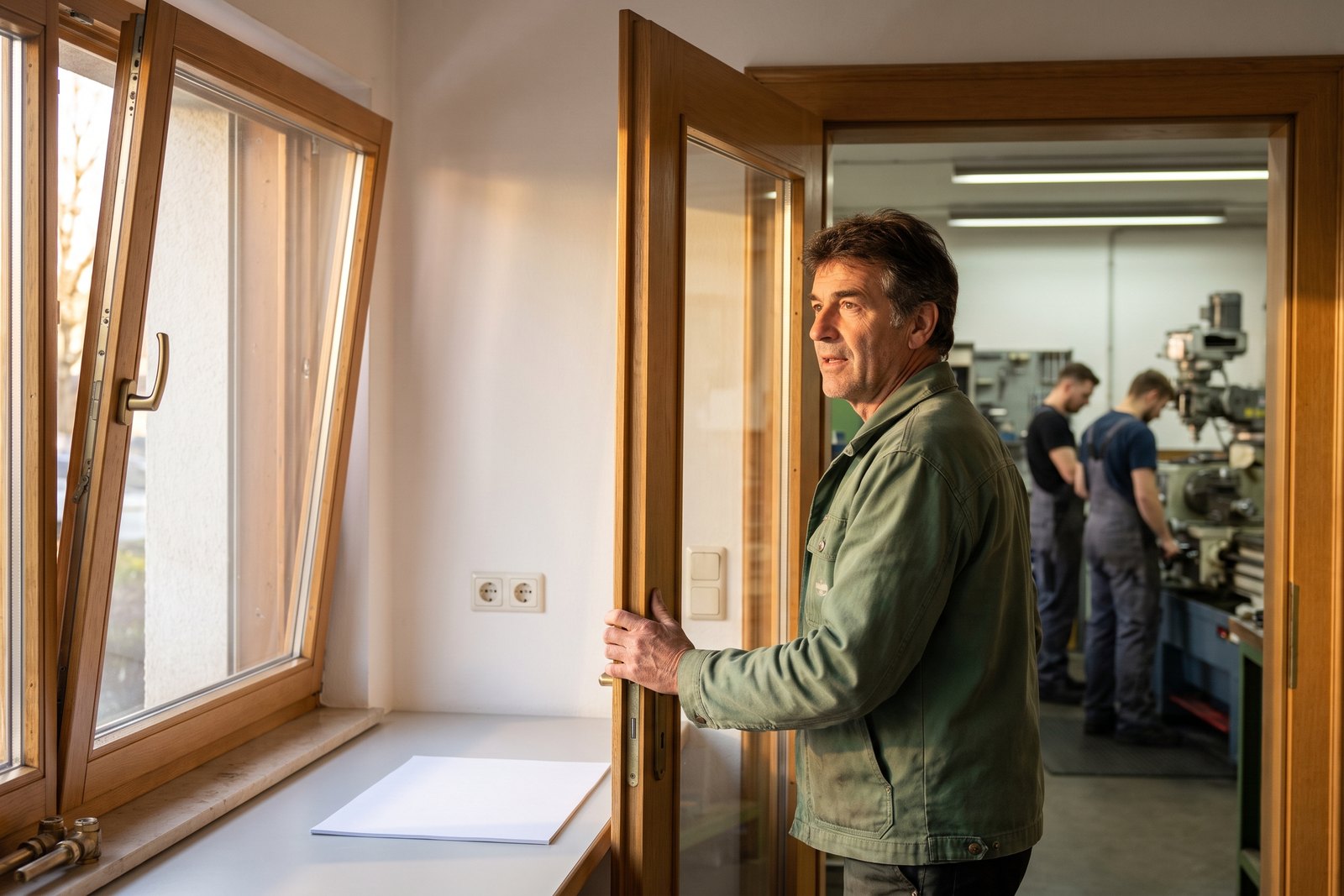 Ein Inhaber Ende fünfzig steht in der Tür zwischen Büro und Werkstatt und blickt auf zwei Mitarbeiter